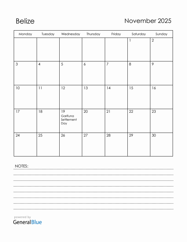 November 2025 Belize Calendar with Holidays (Monday Start)