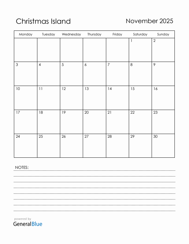 November 2025 Christmas Island Calendar with Holidays (Monday Start)