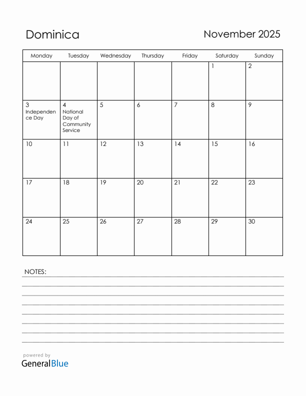 November 2025 Dominica Calendar with Holidays (Monday Start)