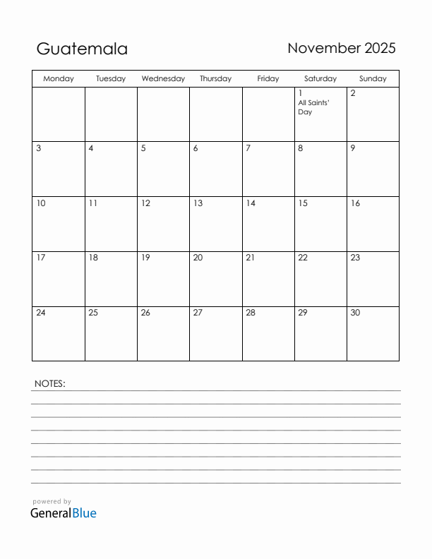 November 2025 Guatemala Calendar with Holidays (Monday Start)