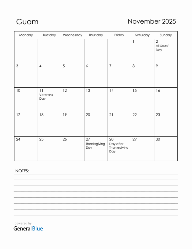 November 2025 Guam Calendar with Holidays (Monday Start)