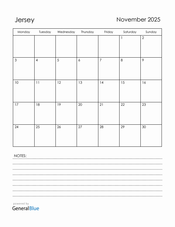 November 2025 Jersey Calendar with Holidays (Monday Start)