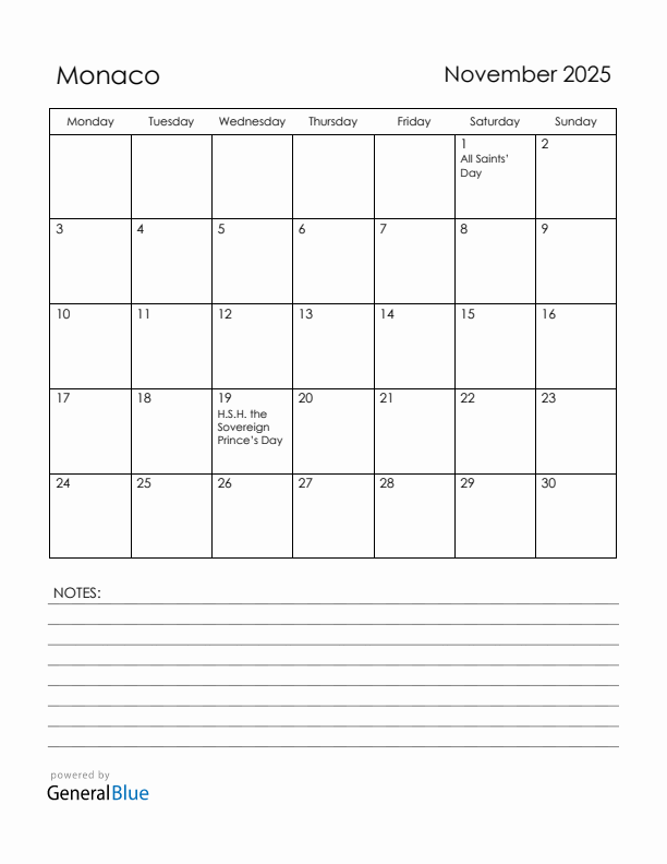 November 2025 Monaco Calendar with Holidays (Monday Start)