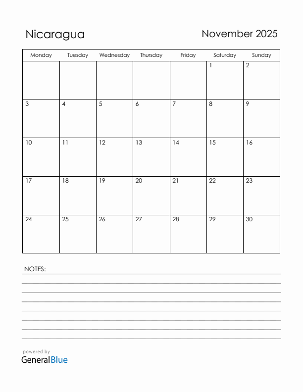 November 2025 Nicaragua Calendar with Holidays (Monday Start)