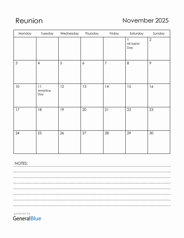November 2025 Reunion Calendar with Holidays (Monday Start)
