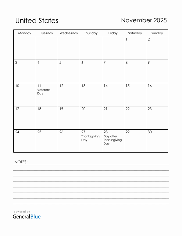 November 2025 United States Calendar with Holidays (Monday Start)