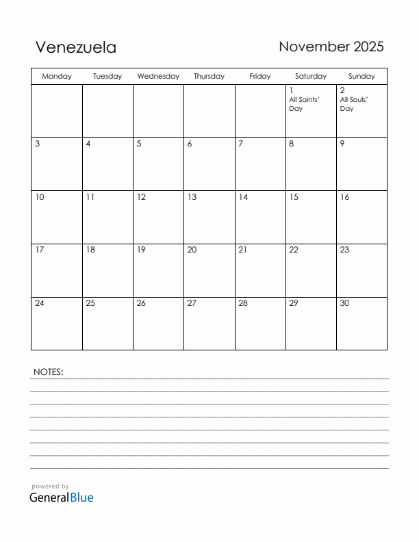 November 2025 Venezuela Calendar with Holidays (Monday Start)