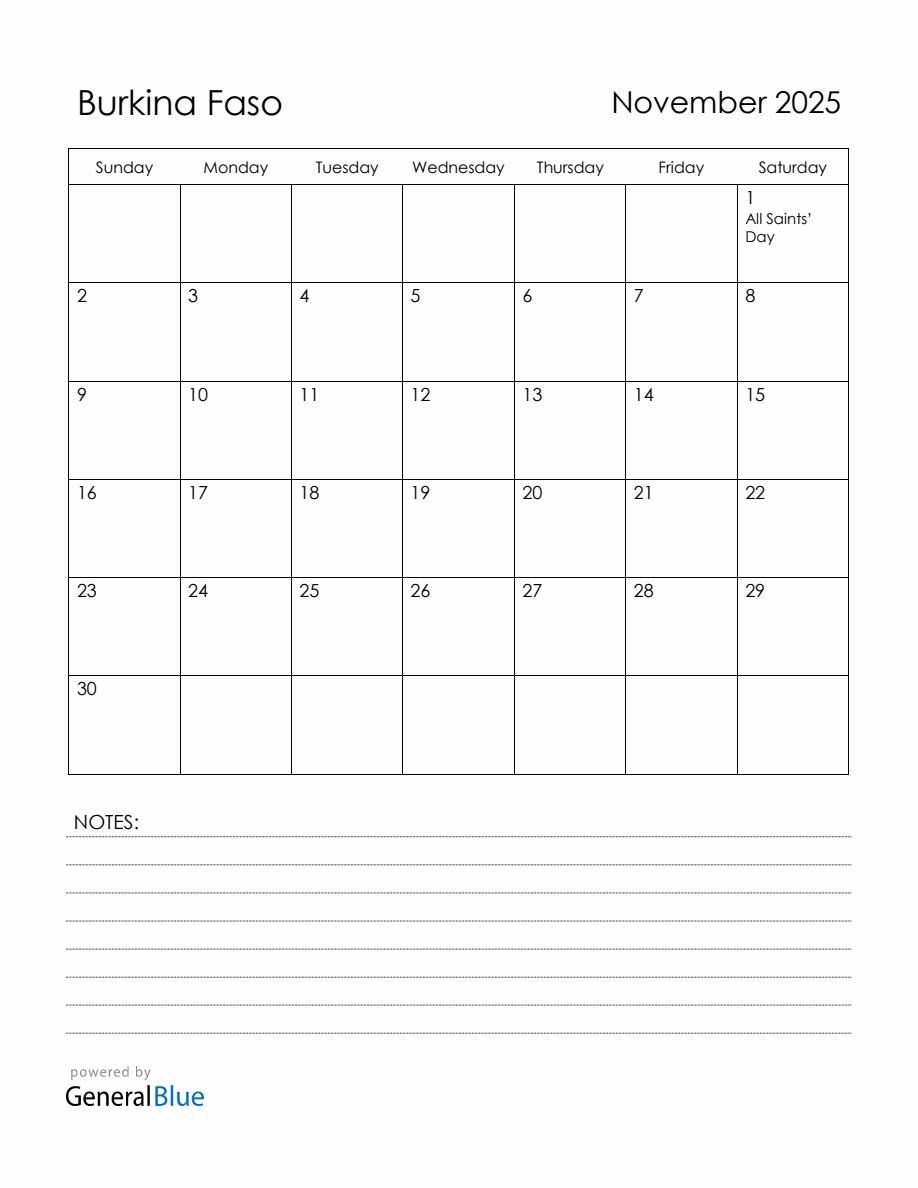 November 2025 Burkina Faso Calendar with Holidays