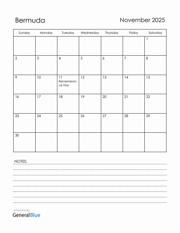 November 2025 Bermuda Calendar with Holidays (Sunday Start)
