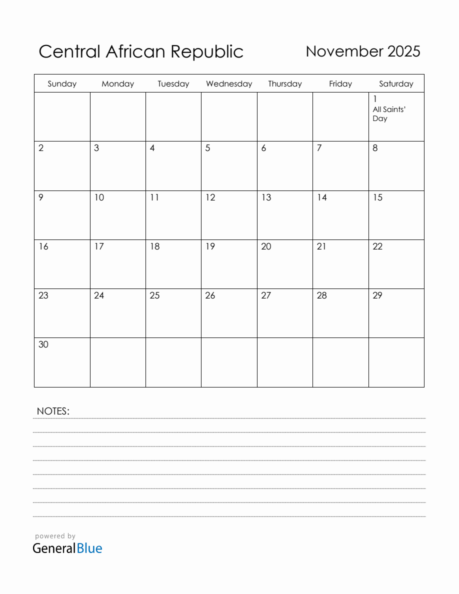 November 2025 Central African Republic Calendar with Holidays
