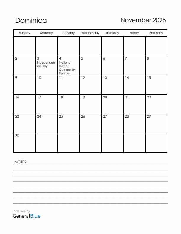 November 2025 Dominica Calendar with Holidays (Sunday Start)