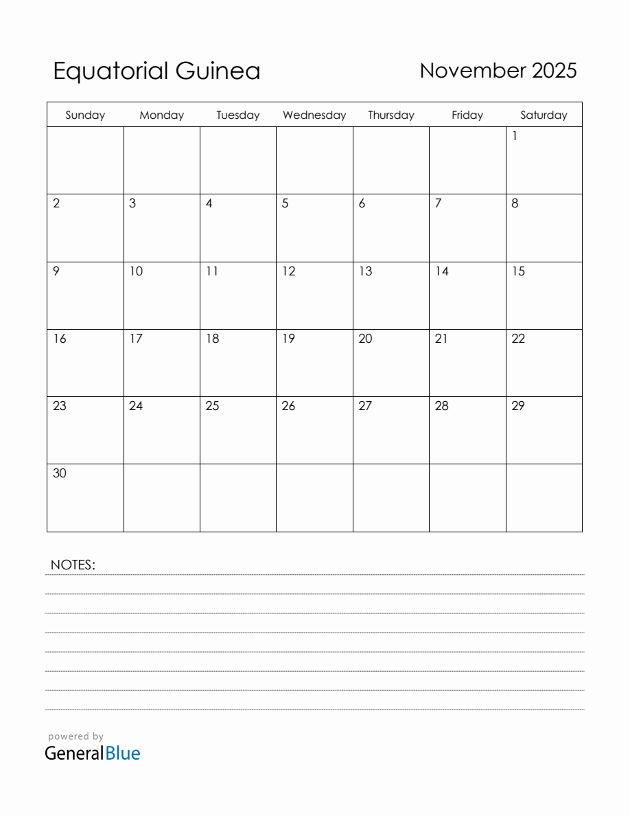 November 2025 Equatorial Guinea Calendar with Holidays