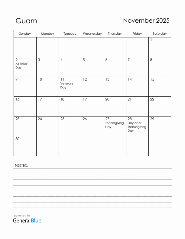 November 2025 Guam Calendar with Holidays (Sunday Start)