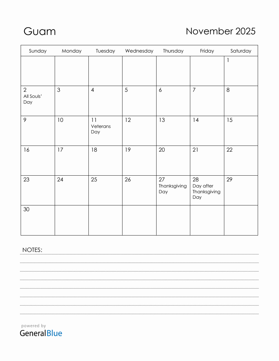 November 2025 Guam Calendar with Holidays