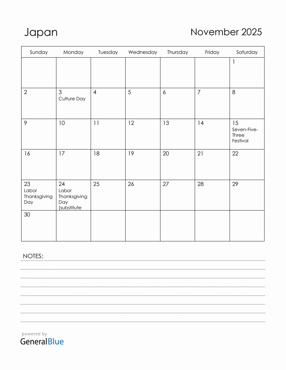 November 2025 Japan Calendar with Holidays