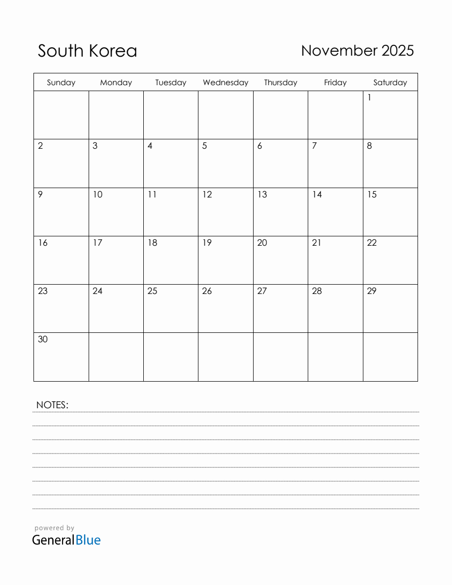 November 2025 South Korea Calendar with Holidays