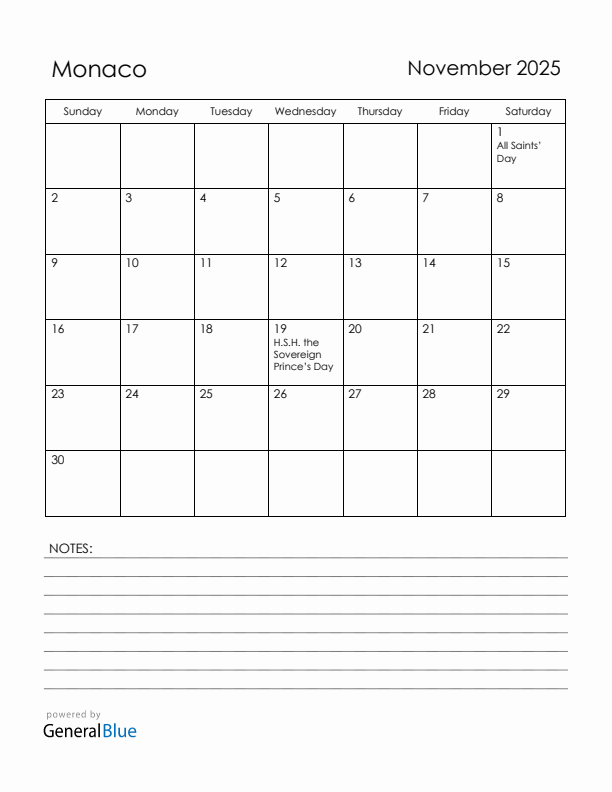 November 2025 Monaco Calendar with Holidays (Sunday Start)