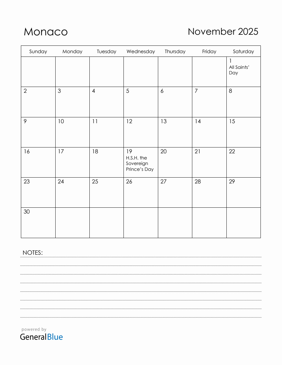 November 2025 Monaco Calendar with Holidays