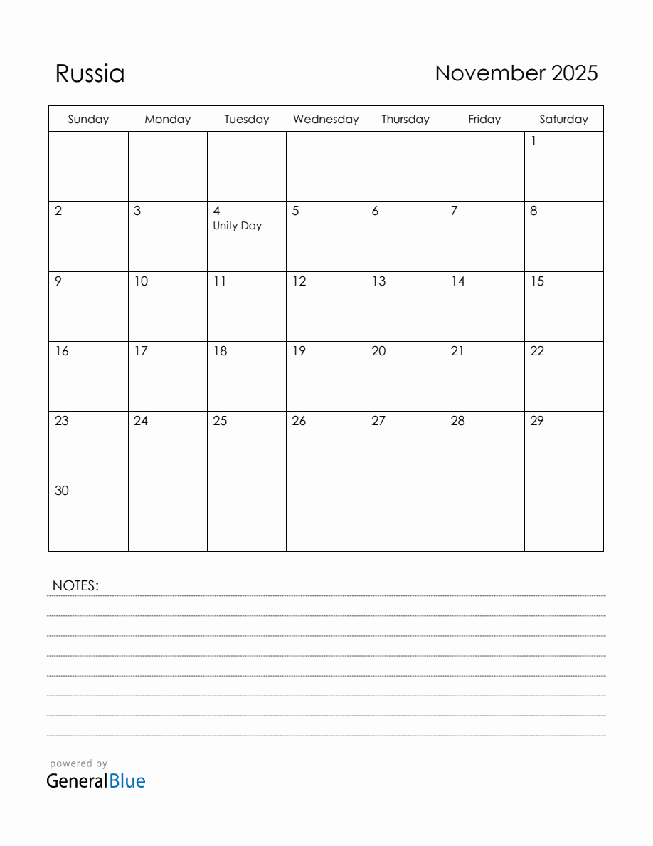 November 2025 Russia Calendar with Holidays