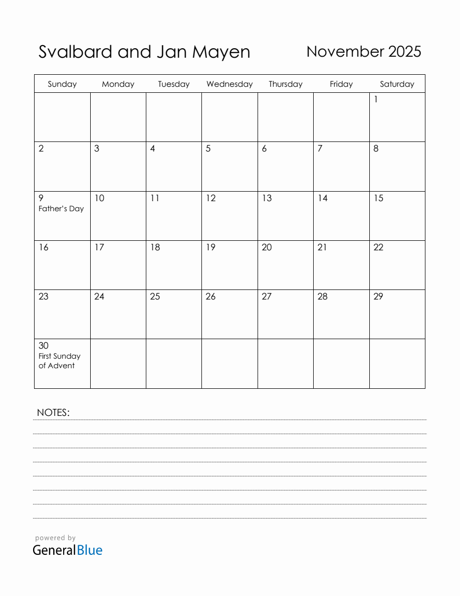 November 2025 Svalbard and Jan Mayen Calendar with Holidays