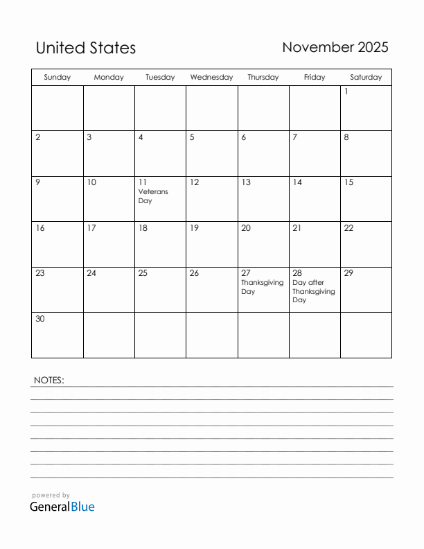 November 2025 United States Calendar with Holidays (Sunday Start)