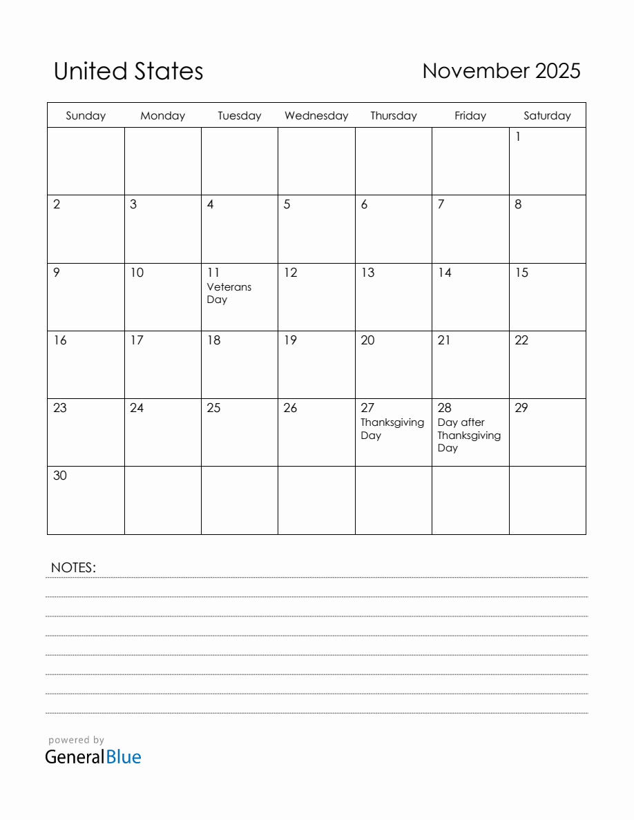 November 2025 United States Calendar with Holidays