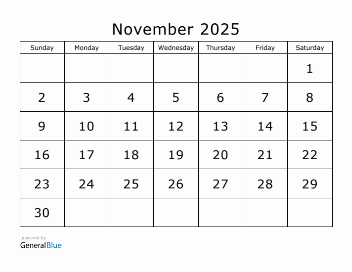 Printable November 2025 Calendar - Sunday Start