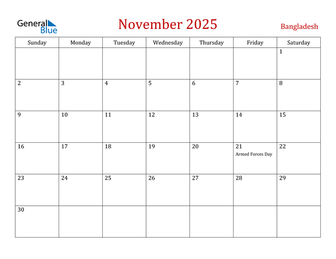 Bangladesh November 2025 Calendar with Holidays