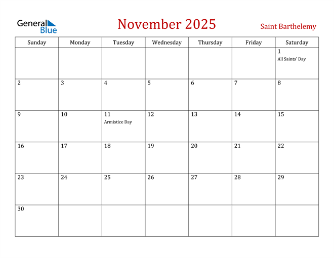 Saint Barthelemy November 2025 Calendar