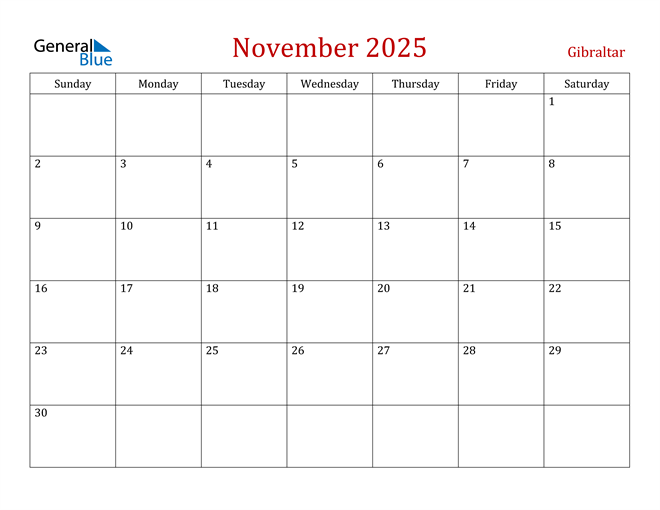 Gibraltar November 2025 Calendar with Holidays