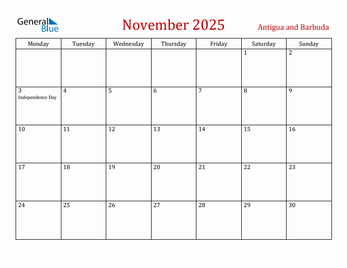 Antigua and Barbuda November 2025 Calendar - Monday Start