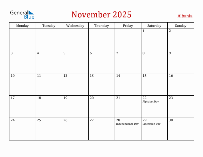 Albania November 2025 Calendar - Monday Start