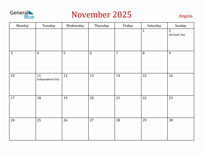 Angola November 2025 Calendar - Monday Start
