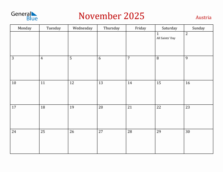 Austria November 2025 Calendar - Monday Start