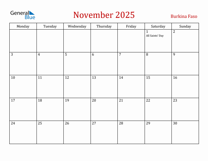 Burkina Faso November 2025 Calendar - Monday Start