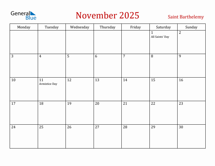 Saint Barthelemy November 2025 Calendar - Monday Start