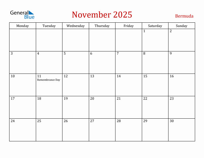 Bermuda November 2025 Calendar - Monday Start
