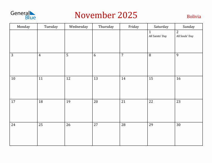Bolivia November 2025 Calendar - Monday Start