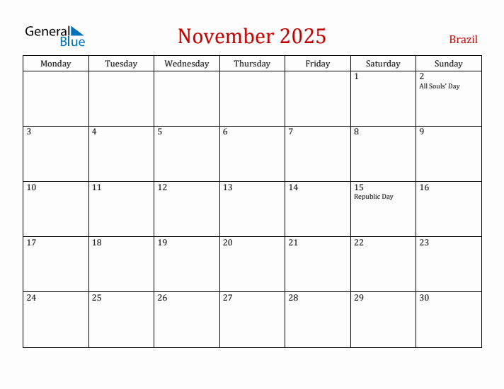 Brazil November 2025 Calendar - Monday Start