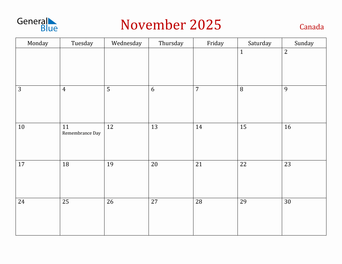 November 2025 Canada Monthly Calendar with Holidays