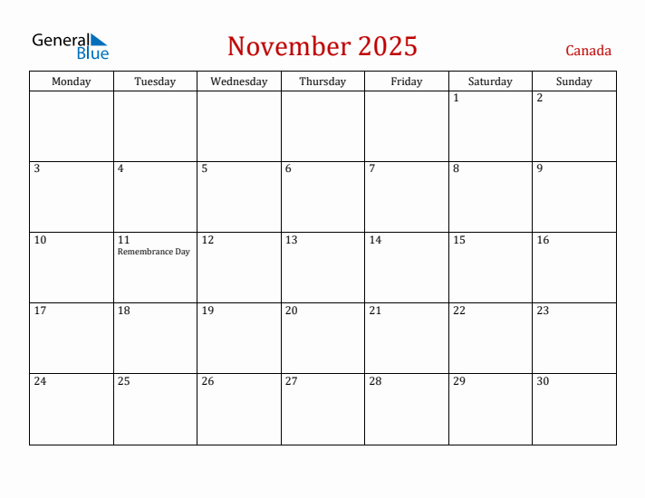 November 2025 Canada Monthly Calendar with Holidays