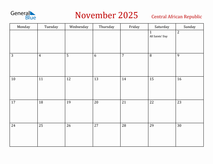 Central African Republic November 2025 Calendar - Monday Start