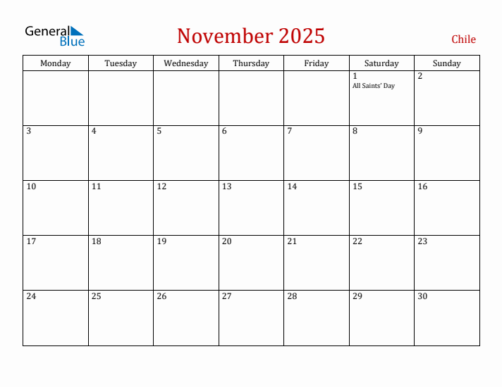 Chile November 2025 Calendar - Monday Start