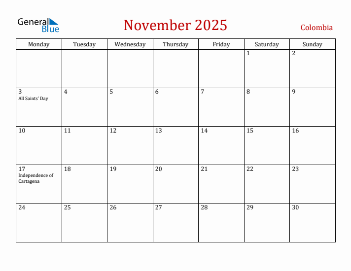 Colombia November 2025 Calendar - Monday Start