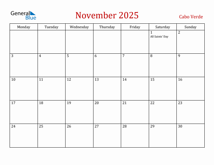 Cabo Verde November 2025 Calendar - Monday Start