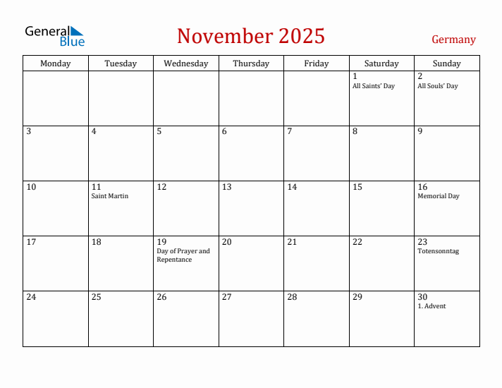Germany November 2025 Calendar - Monday Start