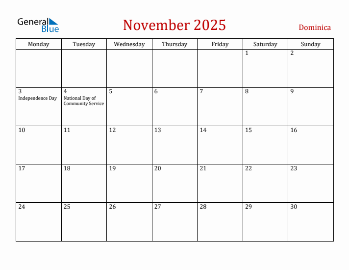 Dominica November 2025 Calendar - Monday Start