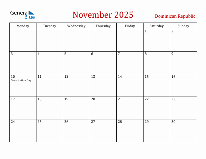 Dominican Republic November 2025 Calendar - Monday Start