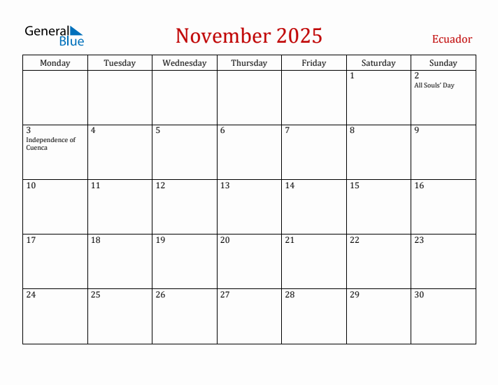 Ecuador November 2025 Calendar - Monday Start