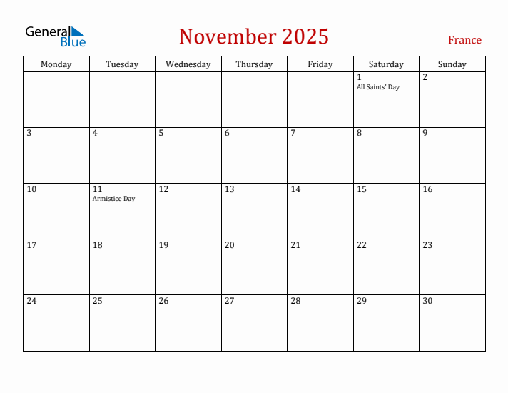 France November 2025 Calendar - Monday Start